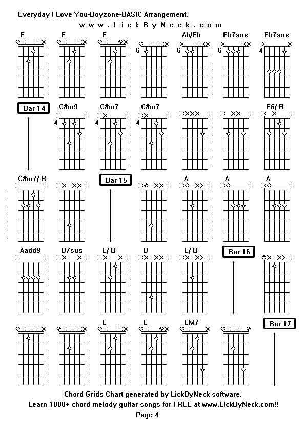 Chord Grids Chart of chord melody fingerstyle guitar song-Everyday I Love You-Boyzone-BASIC Arrangement,generated by LickByNeck software.